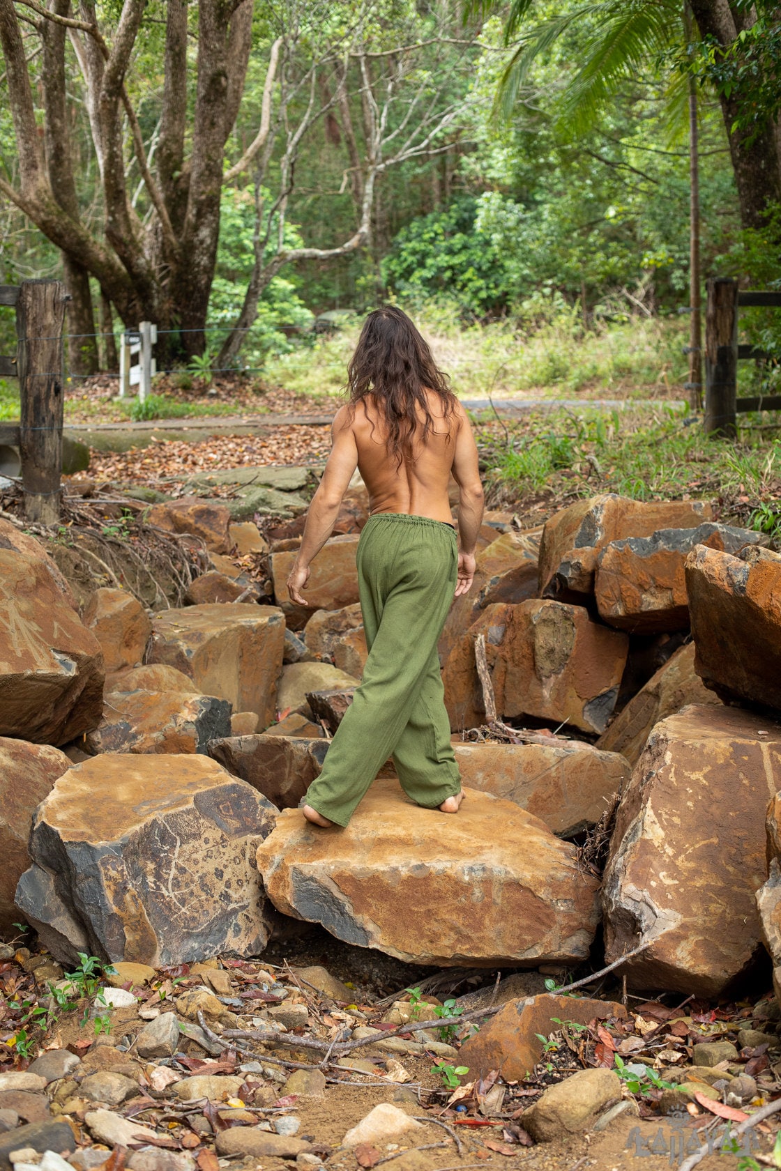 YUGI Sage Green Mens Cotton Yoga Pants Natural Plant Dyed Pockets Yogi Breathable Gym Straight Trousers Flexible Drawstring Festival AJJAYA