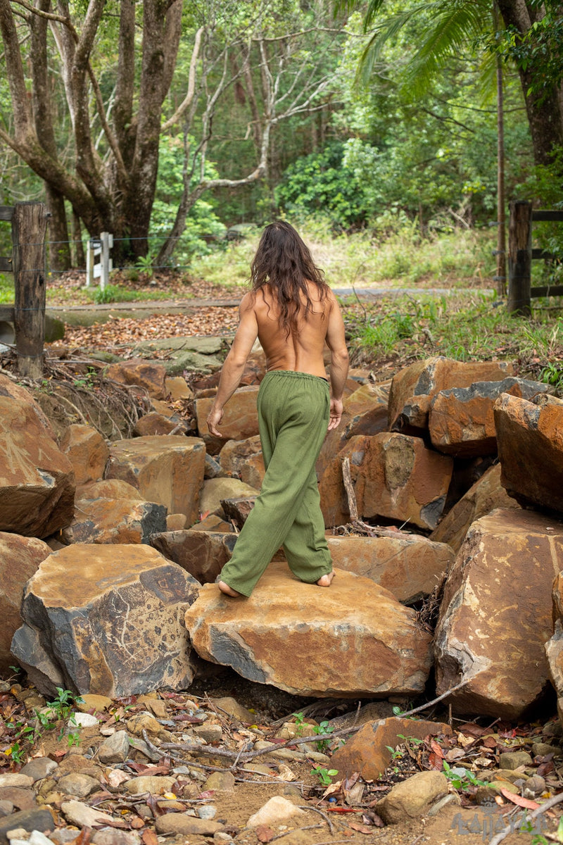 YUGI Sage Green Mens Cotton Yoga Pants Natural Plant Dyed Pockets Yogi Breathable Gym Straight Trousers Flexible Drawstring Festival AJJAYA