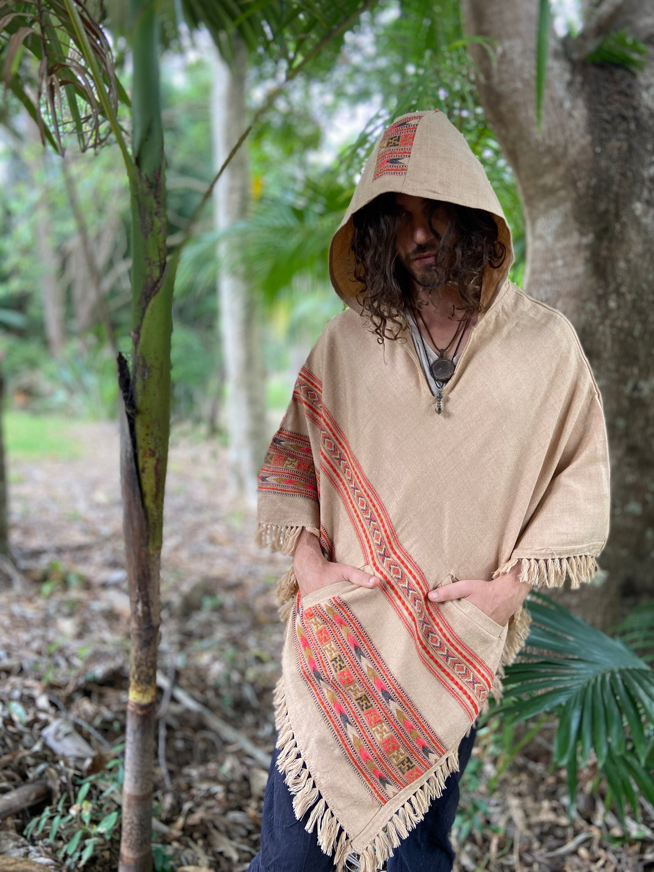SAMADHI Chai Brown Men's Yak Wool Poncho Handmade | AJJAYA