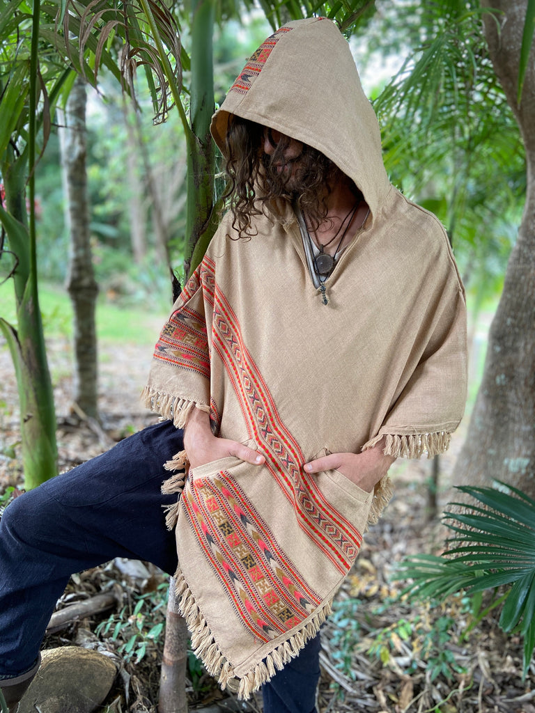 SAMADHI Chai Brown Mens Poncho Yak Wool and Acrylic Wool Blend Handmade Large Hood pockets Earthy Tribal Pattern Festival Mexican AJJAYA