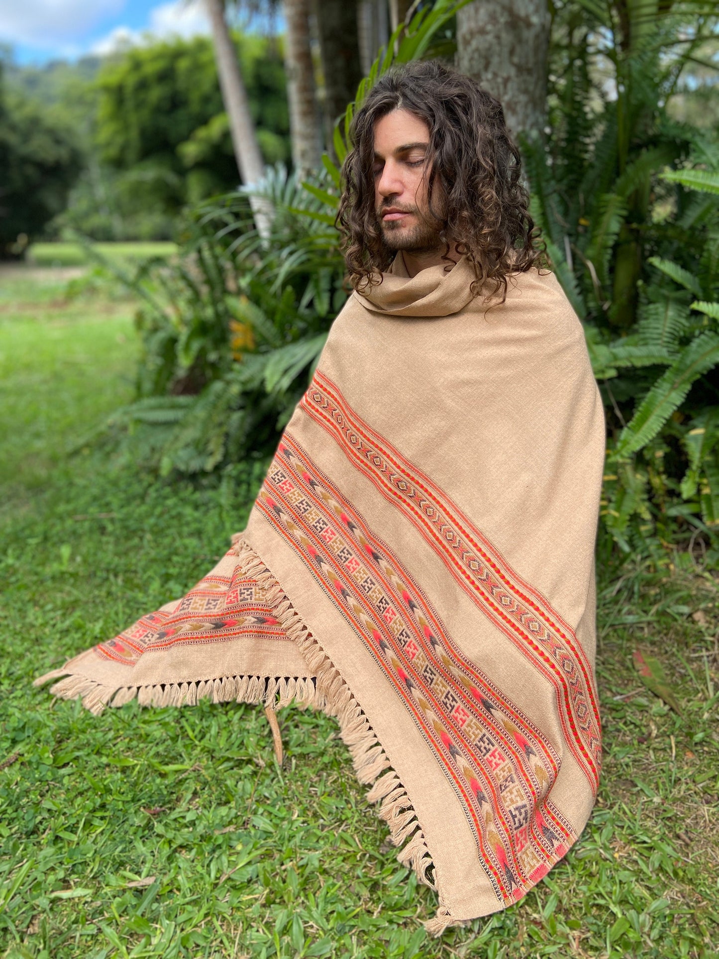 SAMADHI Meditation Prayer Shawl Chai Brown Blanket Cashmere Yak Wool and Acrylic Wool Tibetan Winter Tribal Celtic Embroidery Zen AJJAYA
