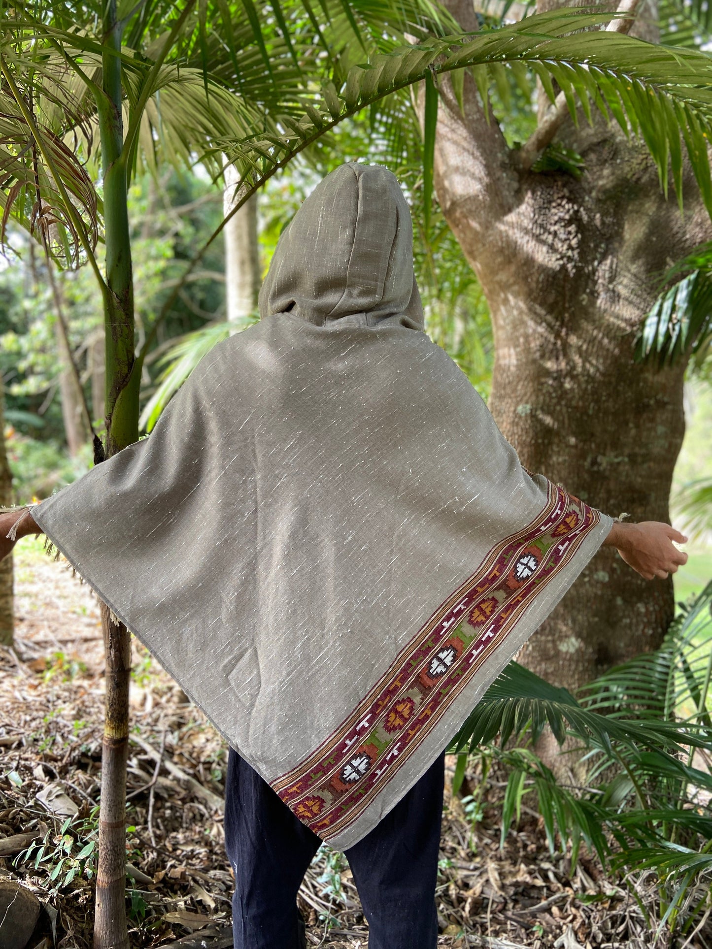 SATI Hooded Poncho Dolphin Grey Handwoven Wool Premium Pure Cashmere Hood Zen Embroidery Boho Gypsy Festival Mexican Aztec Celtic AJJAYA