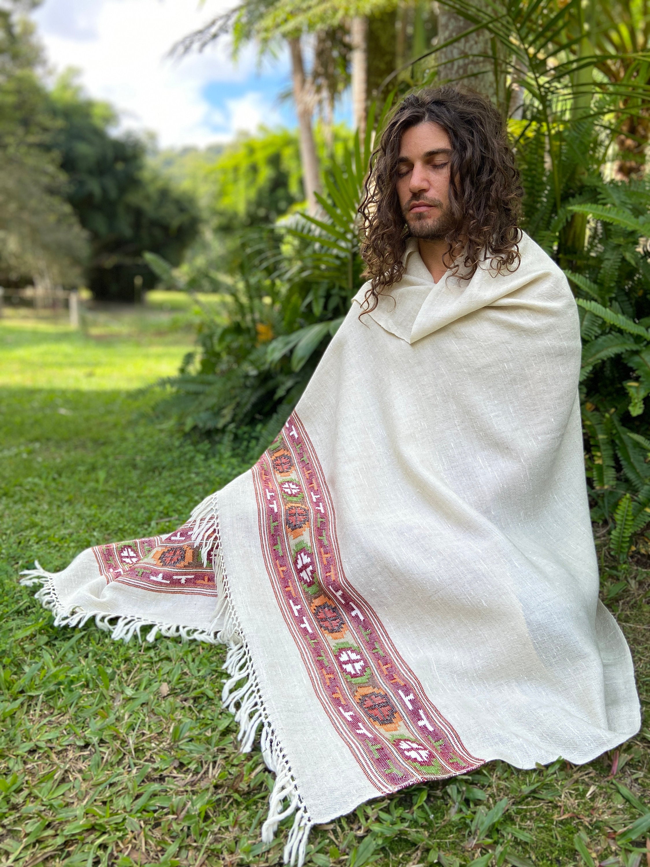 SATI Shawl Cream Beige Handwoven Wool Meditation Prayer Scarf Blanket Premium Pure Cashmere Winter Tribal Zen Embroidery Handmade AJJAYA
