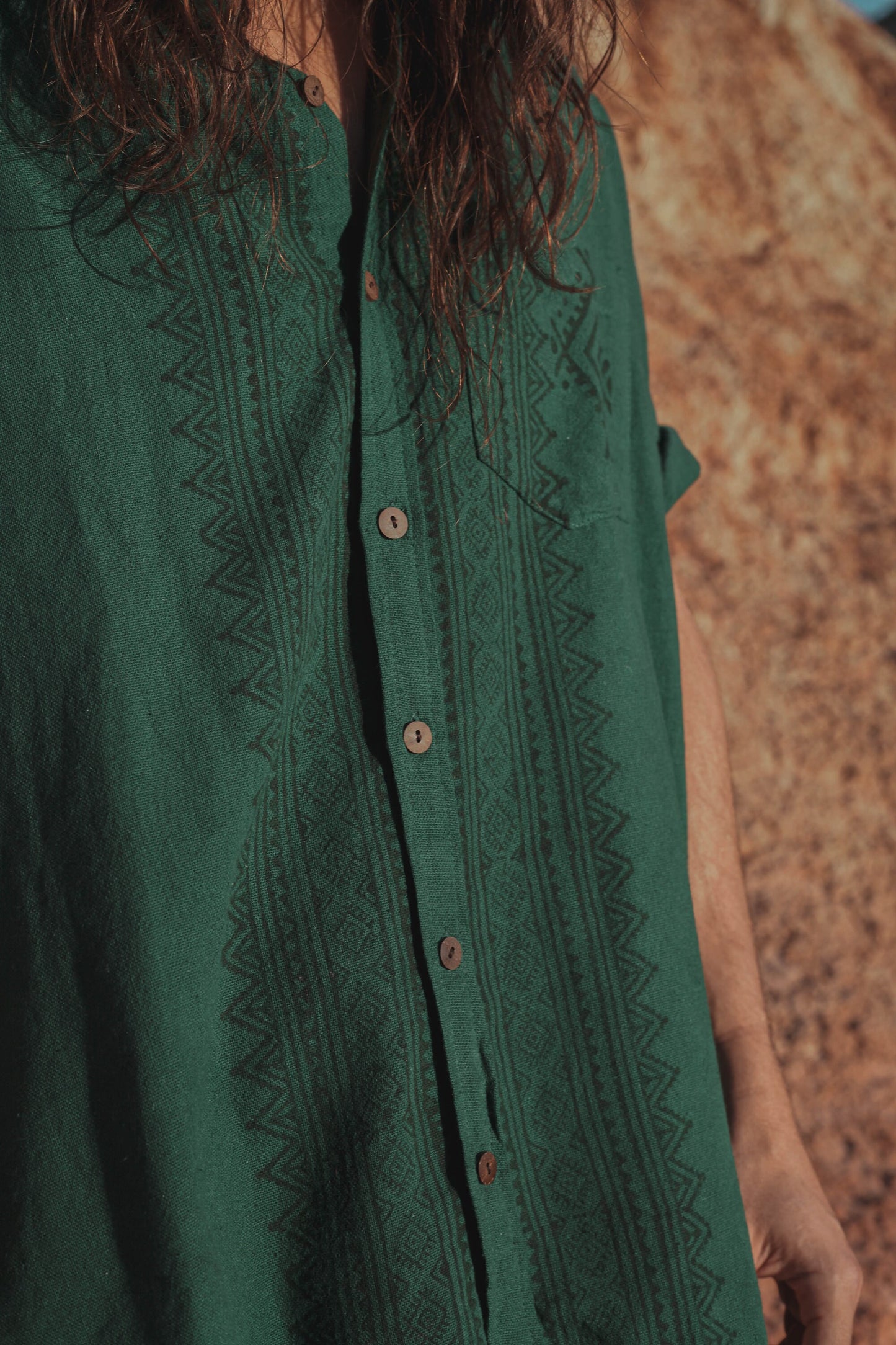 PABLO Mens Short Sleeve Top Malachite Green Loose Button Down Collar Shirt Cotton Naturally Dyed Block Printed Pattern Pocket Eco AJJAYA