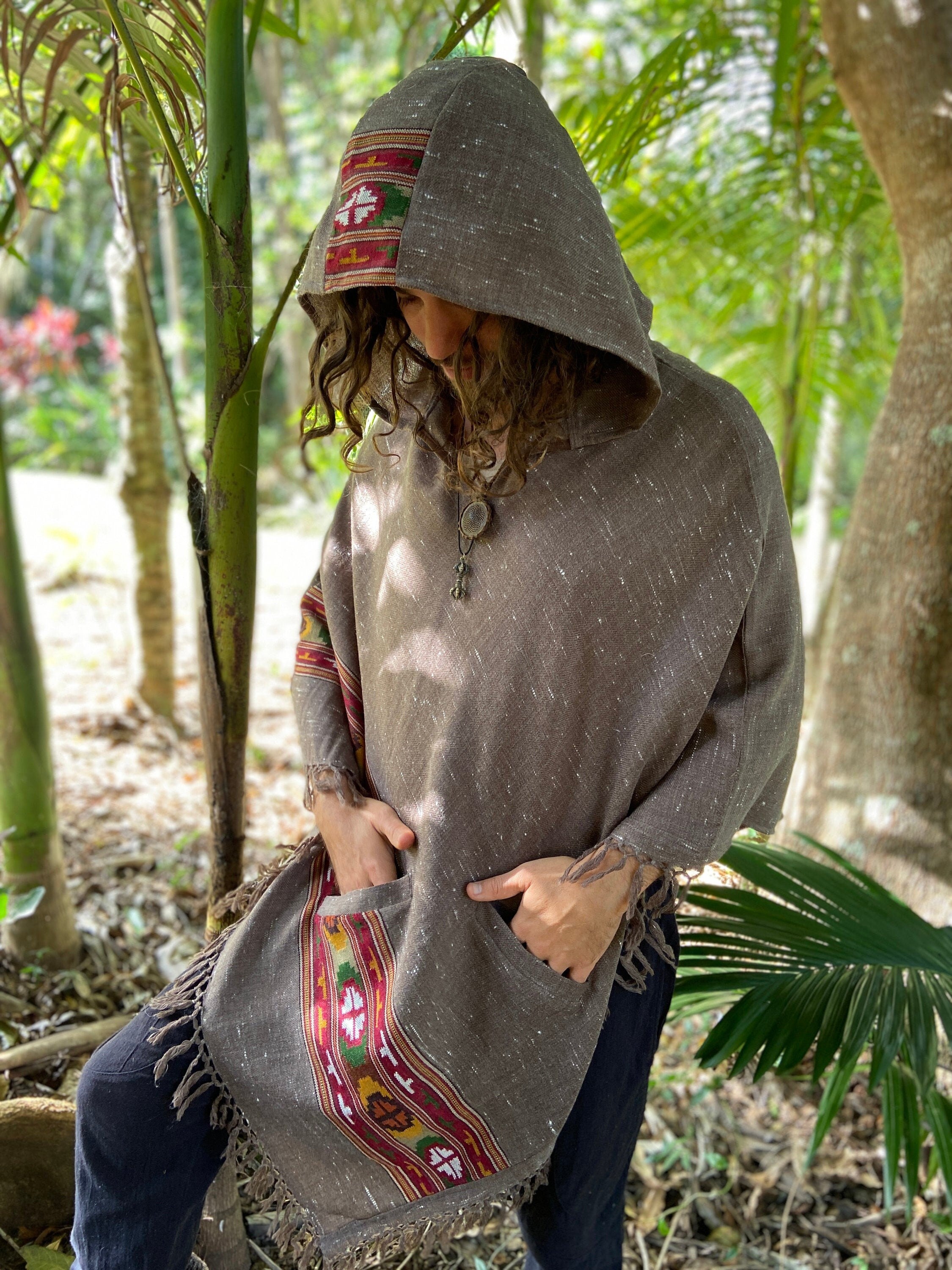 SATI Hooded Poncho Graphite Grey Handwoven Wool Premium Pure Cashmere Hood Zen Embroidery Boho Gypsy Festival Mexican Aztec Celtic AJJAYA
