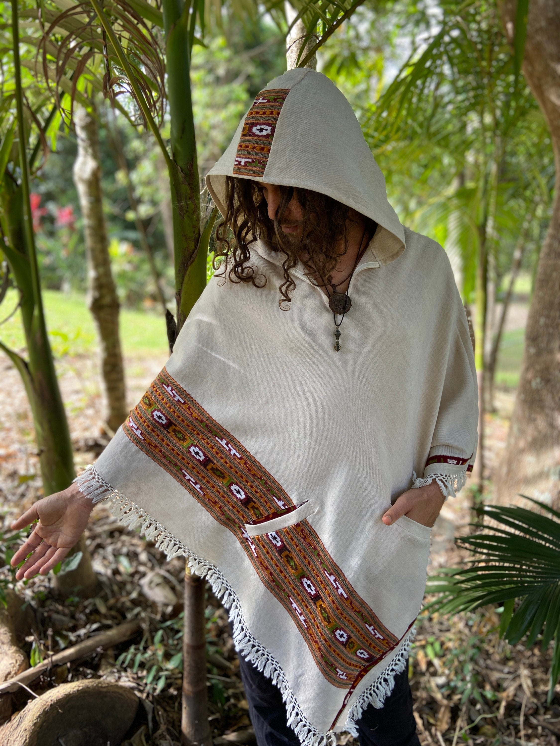 VIRIYA Poncho Ivory White Handwoven Wool Premium Pure Cashmere Winter Zen Embroidery Boho Gypsy Festival Rave Mexican Aztec Celtic AJJAYA