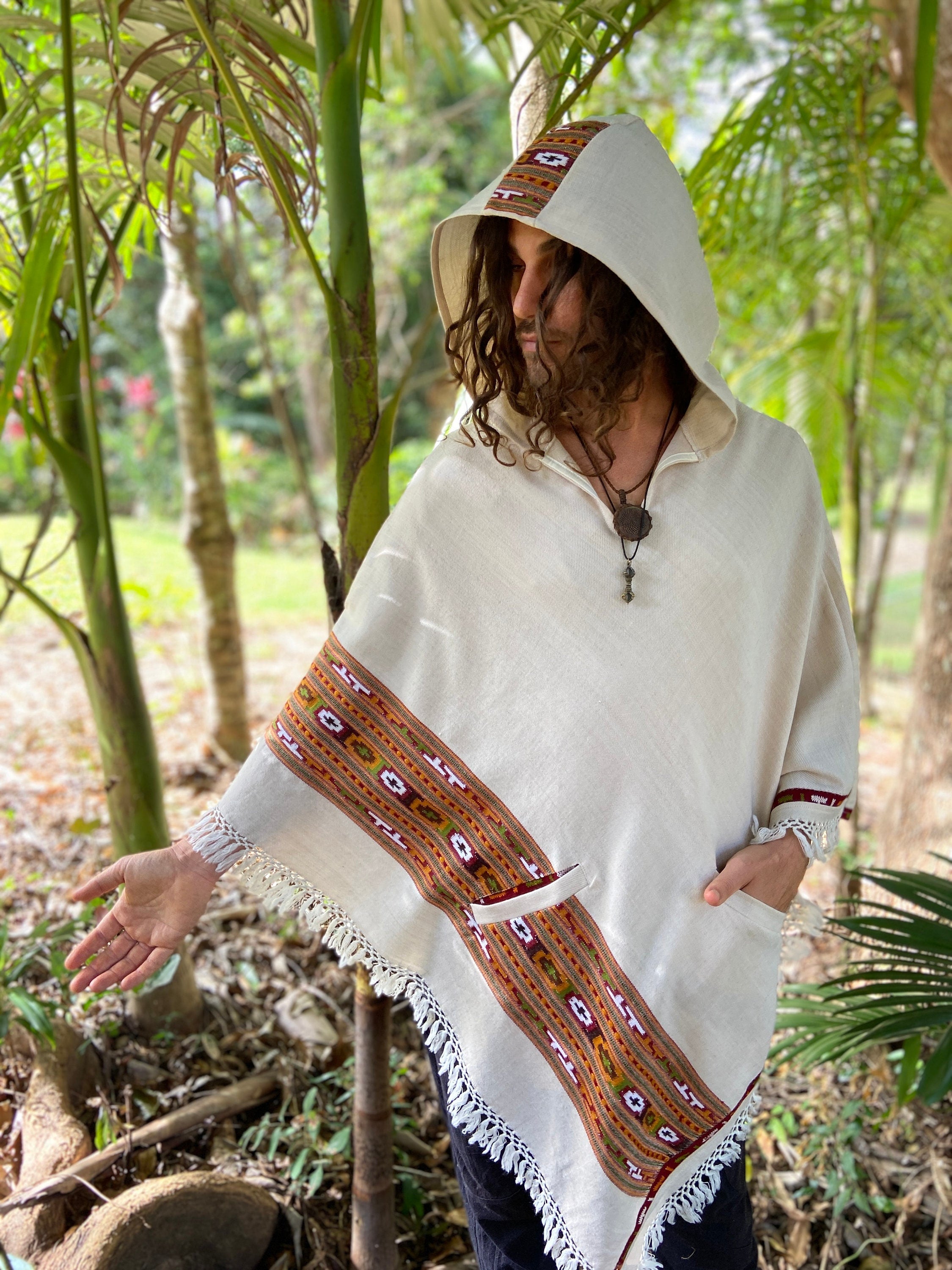 VIRIYA Poncho Ivory White Handwoven Wool Premium Pure Cashmere Winter Zen Embroidery Boho Gypsy Festival Rave Mexican Aztec Celtic AJJAYA