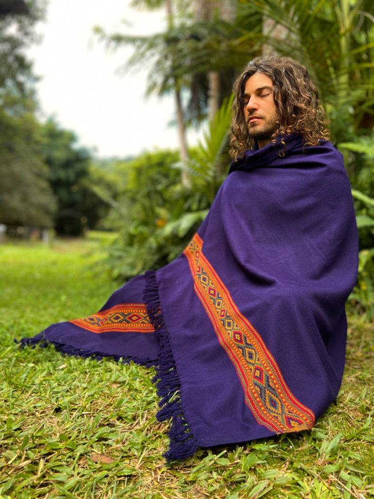 UPEKKHA Shawl Indigo Purple Handwoven Cashmere and Acrylic Wool Meditation Prayer Scarf Wrap Blanket Tibetan Zen Embroidery Boho AJJAYA