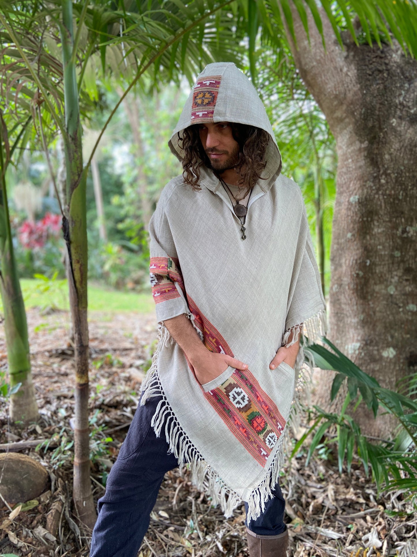 SATI Hooded Poncho Misty Grey Handwoven Wool Premium Pure Cashmere Hood Zen Embroidery Boho Gypsy Festival Mexican Aztec Celtic AJJAYA