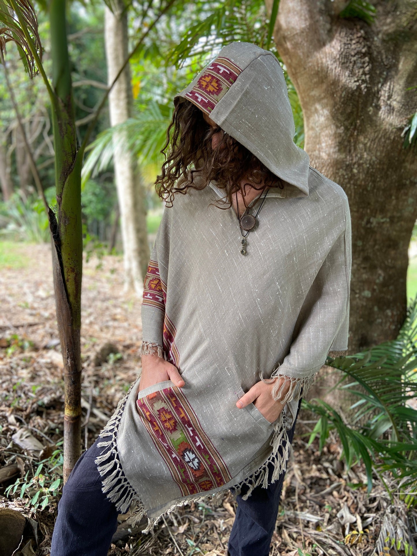 SATI Hooded Poncho Dolphin Grey Handwoven Wool Premium Pure Cashmere Hood Zen Embroidery Boho Gypsy Festival Mexican Aztec Celtic AJJAYA