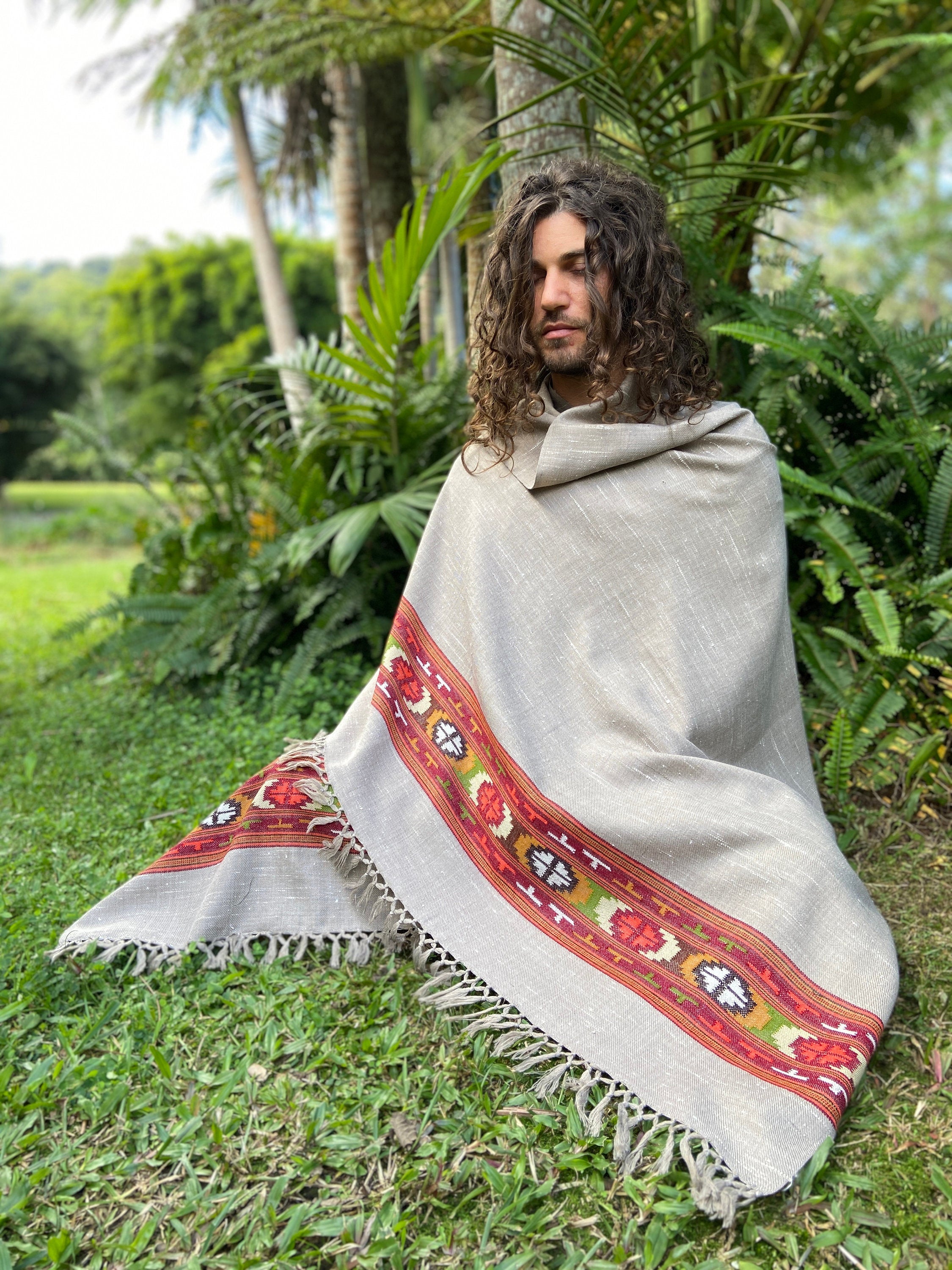 SATI Shawl Misty Grey Handwoven Wool Meditation Prayer Scarf Blanket Premium Pure Cashmere Winter Tribal Zen Embroidery Boho Handmade AJJAYA