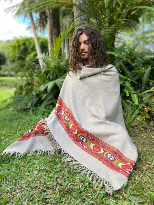 SATI Shawl Misty Grey Handwoven Wool Meditation Prayer Scarf Blanket Premium Pure Cashmere Winter Tribal Zen Embroidery Boho Handmade AJJAYA