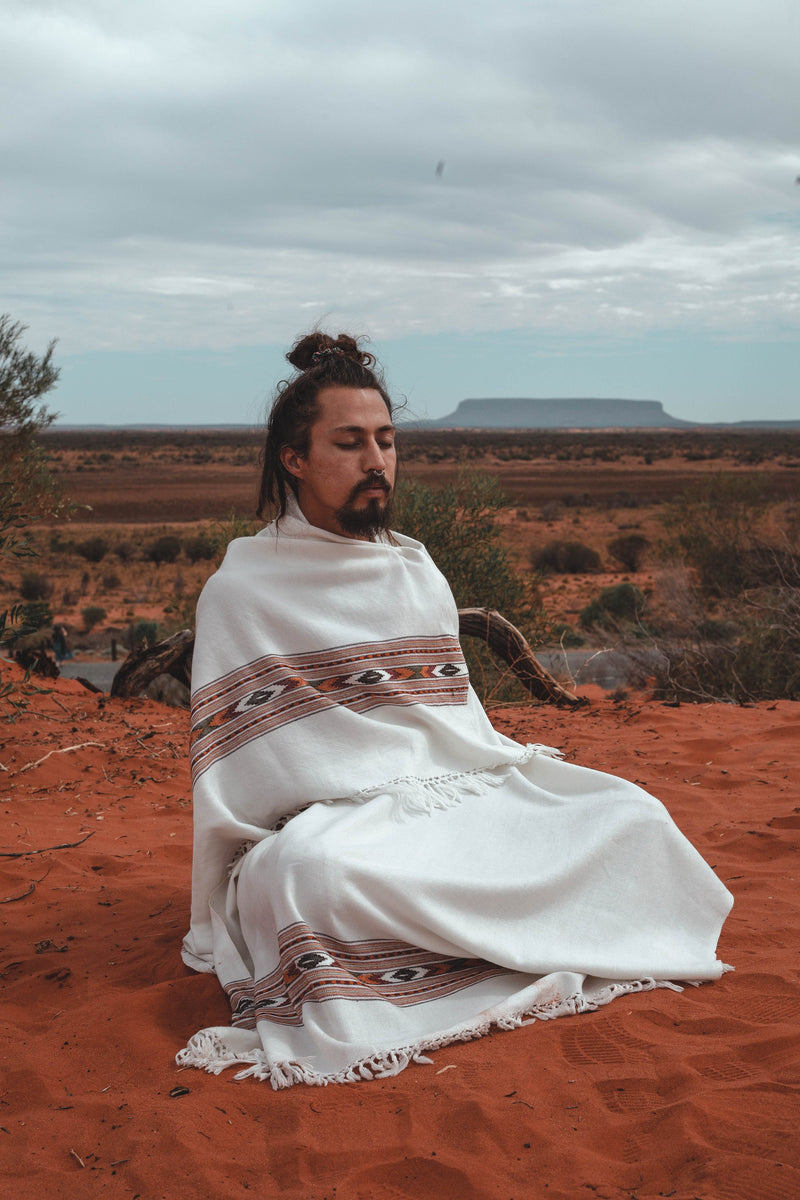 Bhava White Handwoven Wool Meditation Shawl
