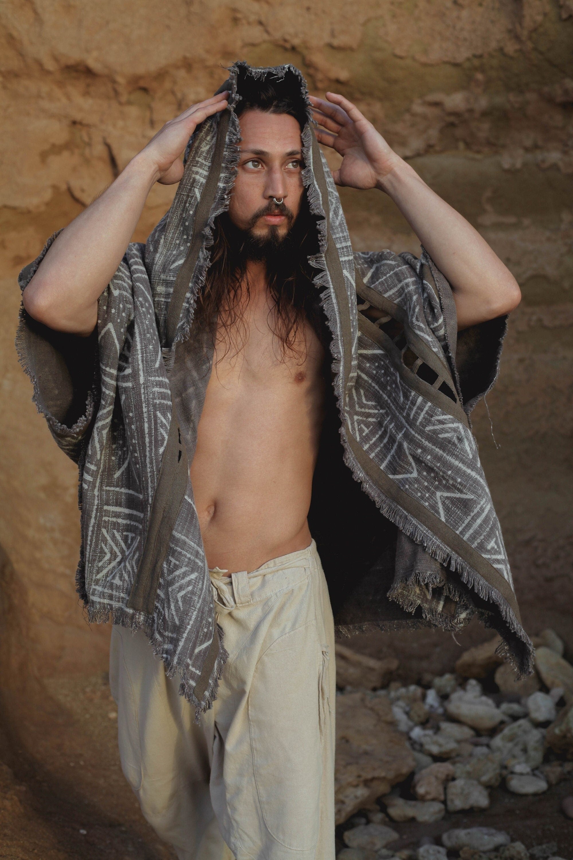 WIZARD Mens Hooded Kimono Vest Grey Tribal Pattern Alchemist Sorcerer Ritual Ceremony Gypsy Festival Magic Alchemy Primitive Boho AJJAYA