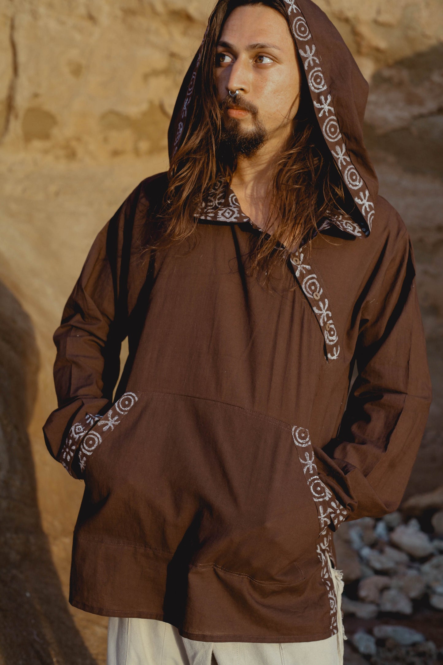 NAMAI Brown Hooded Cotton Top With Large Hoodie with Pockets Handmade Lightweight Tribal Patterns Hood Ritual Ceremony Gypsy Festival AJJAYA