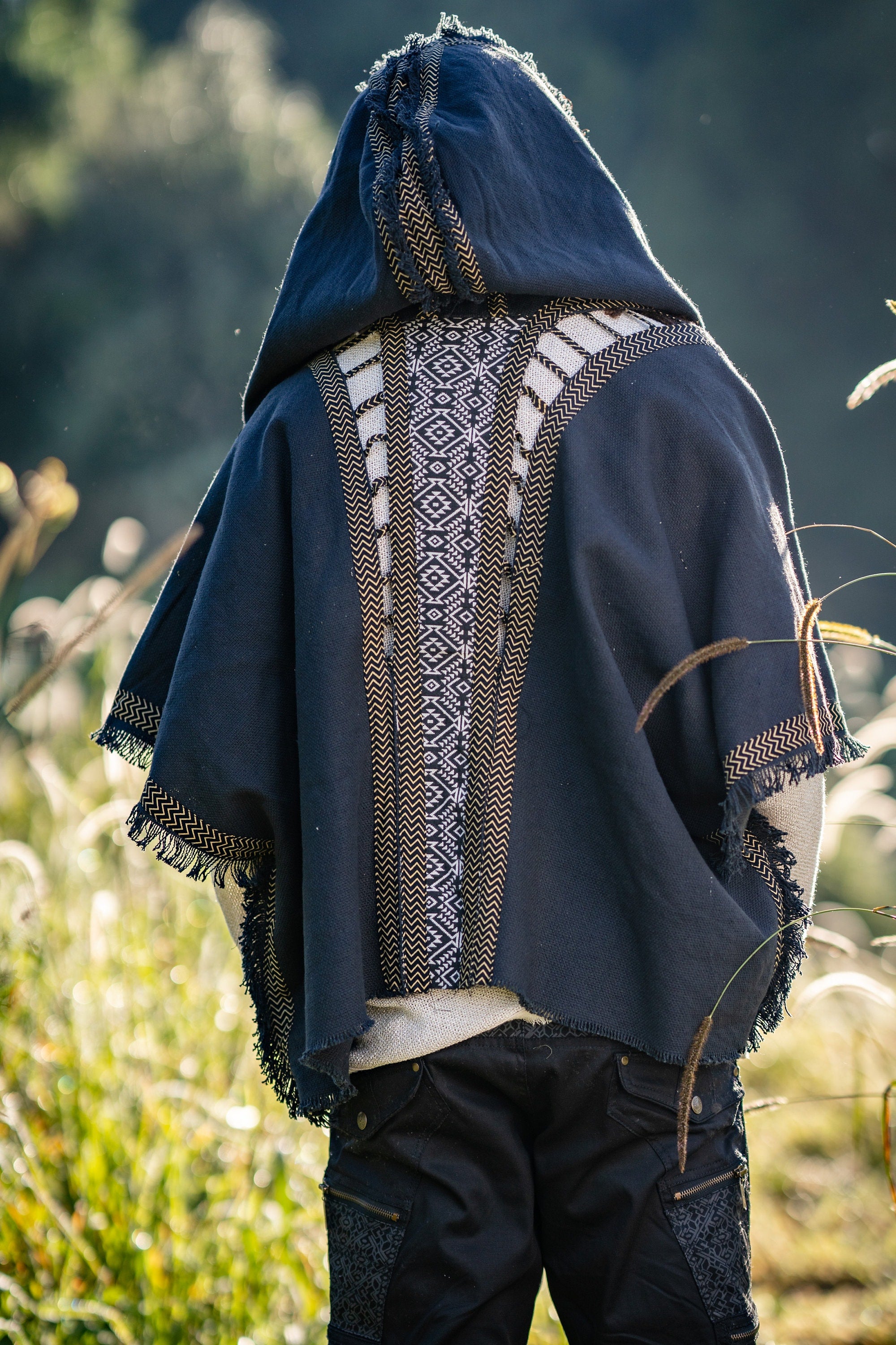 WIZARD Mens Hooded Kimono Vest Beige Tribal Pattern Alchemist Sorcerer Ritual Ceremony Gypsy Festival Magic Alchemy Primitive Icaro AJJAYA