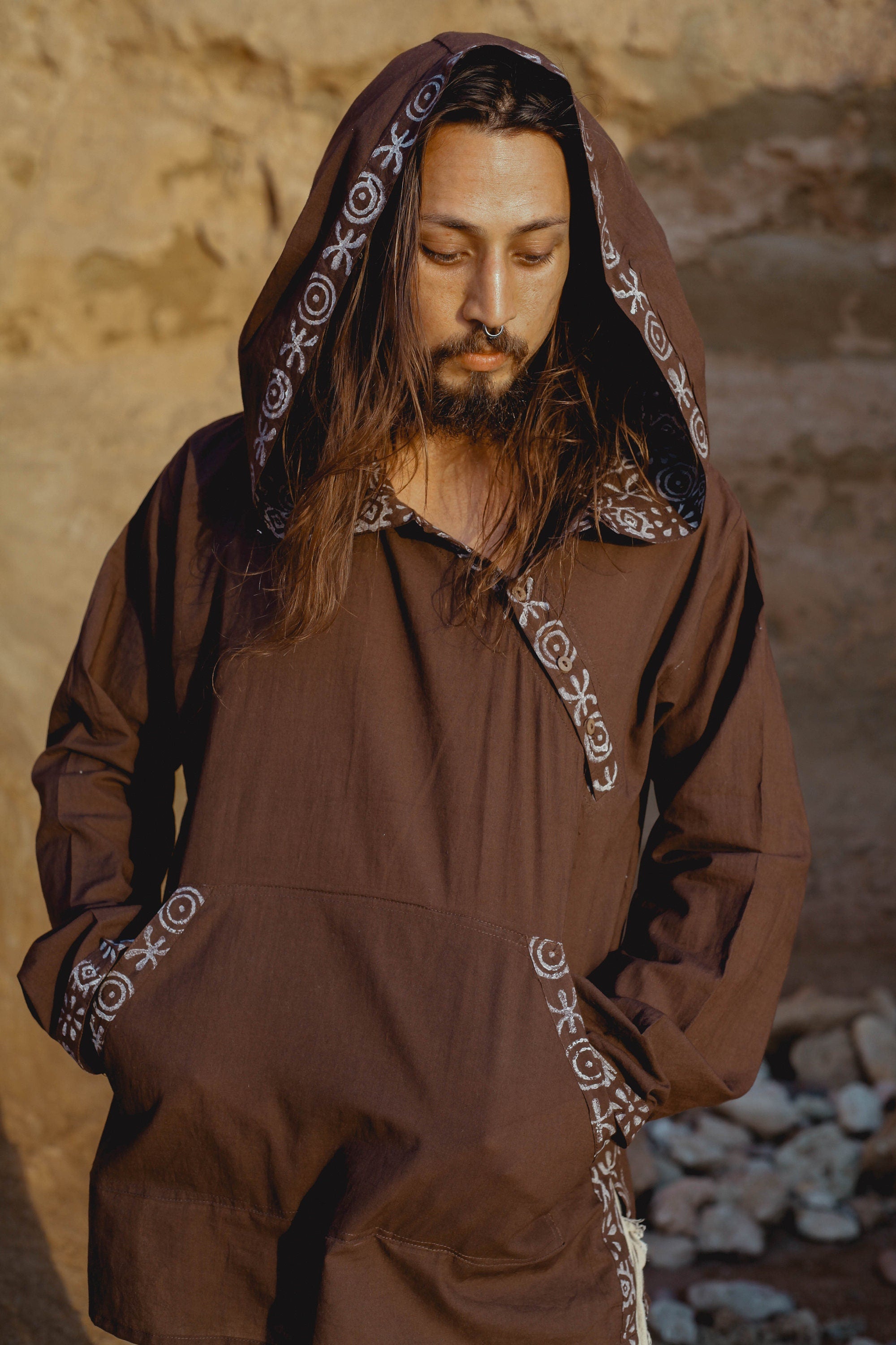NAMAI Brown Hooded Cotton Top With Large Hoodie with Pockets Handmade Lightweight Tribal Patterns Hood Ritual Ceremony Gypsy Festival AJJAYA
