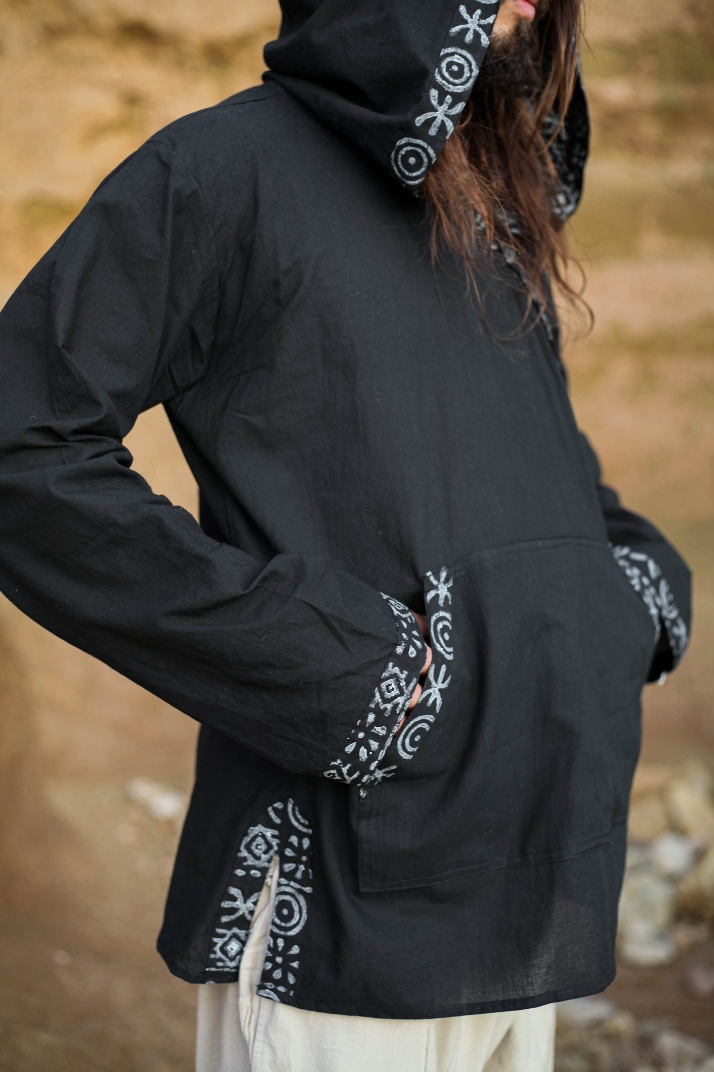 NAMAI Black Hooded Cotton Top With Large Hoodie with Pockets Handmade Lightweight Tribal Patterns Hood Ritual Ceremony Gypsy Festival AJJAYA