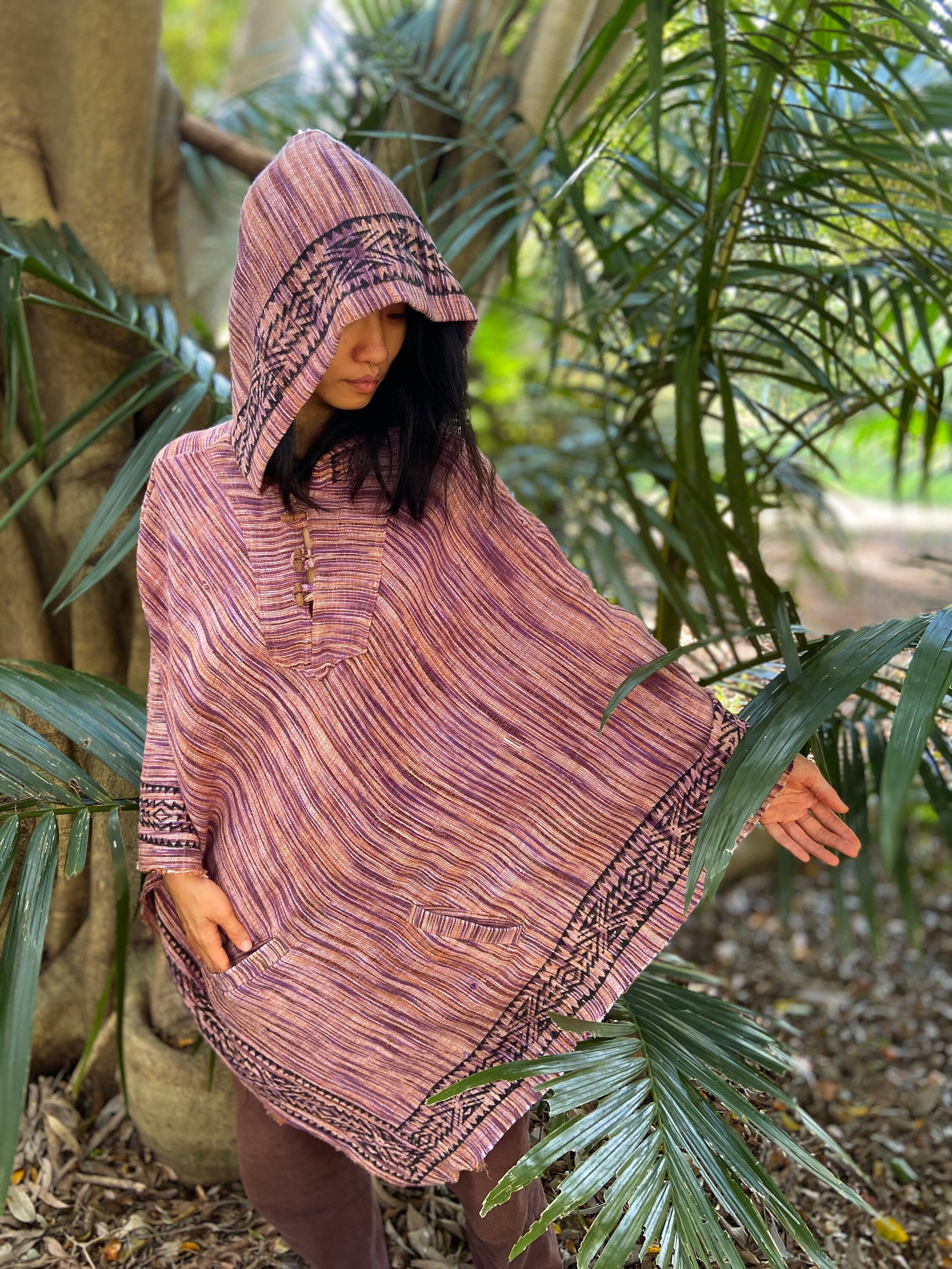 EUROKA Womens Hooded Khadi Cotton Vegan Poncho with hood Purple ethnic block printed patterns gypsy festival ceremony ritual tribal AJJAYA