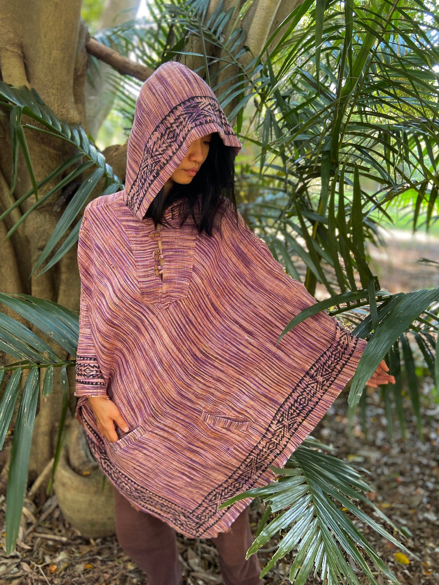 EUROKA Womens Hooded Khadi Cotton Vegan Poncho with hood Purple ethnic block printed patterns gypsy festival ceremony ritual tribal AJJAYA