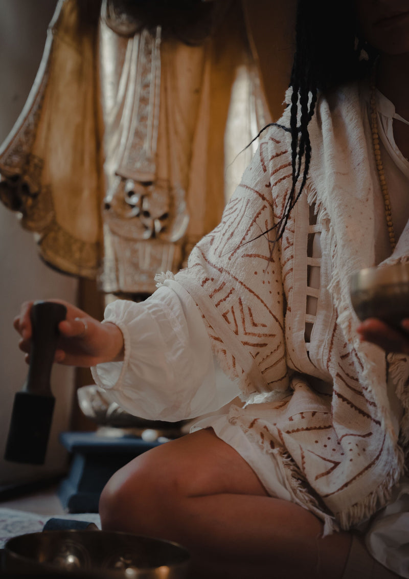 WIZARD Mens Hooded Kimono Vest Beige Tribal Pattern Alchemist Sorcerer Ritual Ceremony Gypsy Festival Magic Alchemy Primitive Icaro AJJAYA