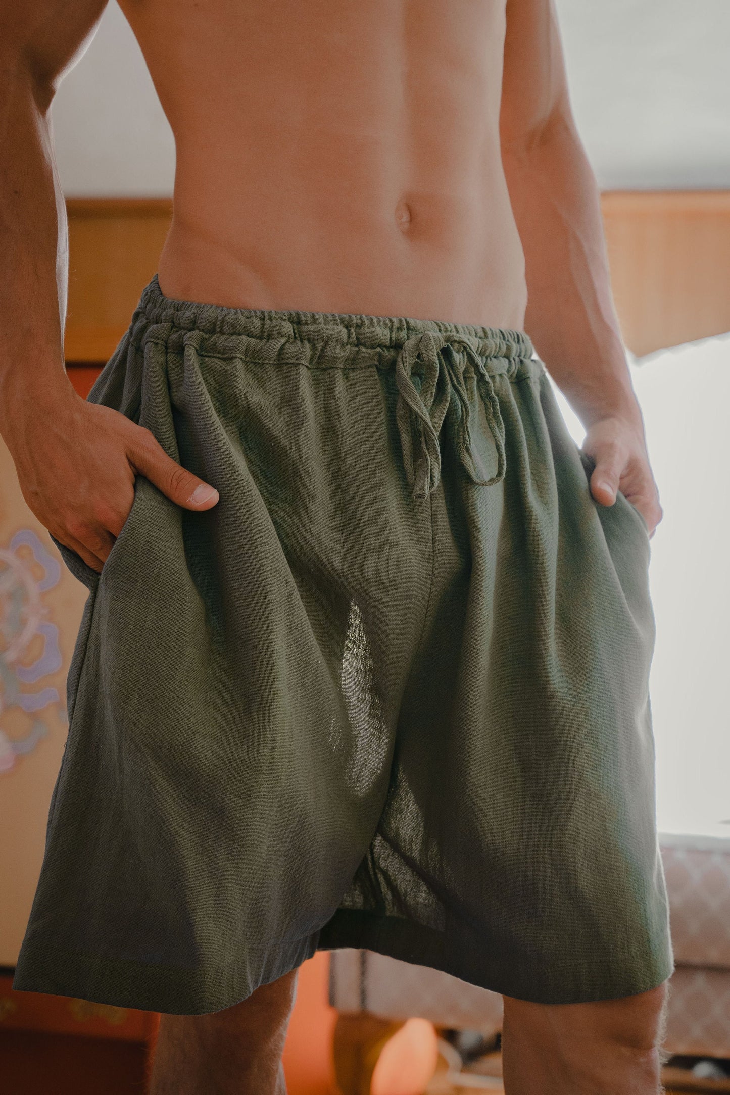 YUGINI Sage Short Pants Loose Comfortable Mens Shorts with Pockets Natural Cotton Plant Dyed Yoga Workout Ninja Gypsy Festival Gym AJJAYA