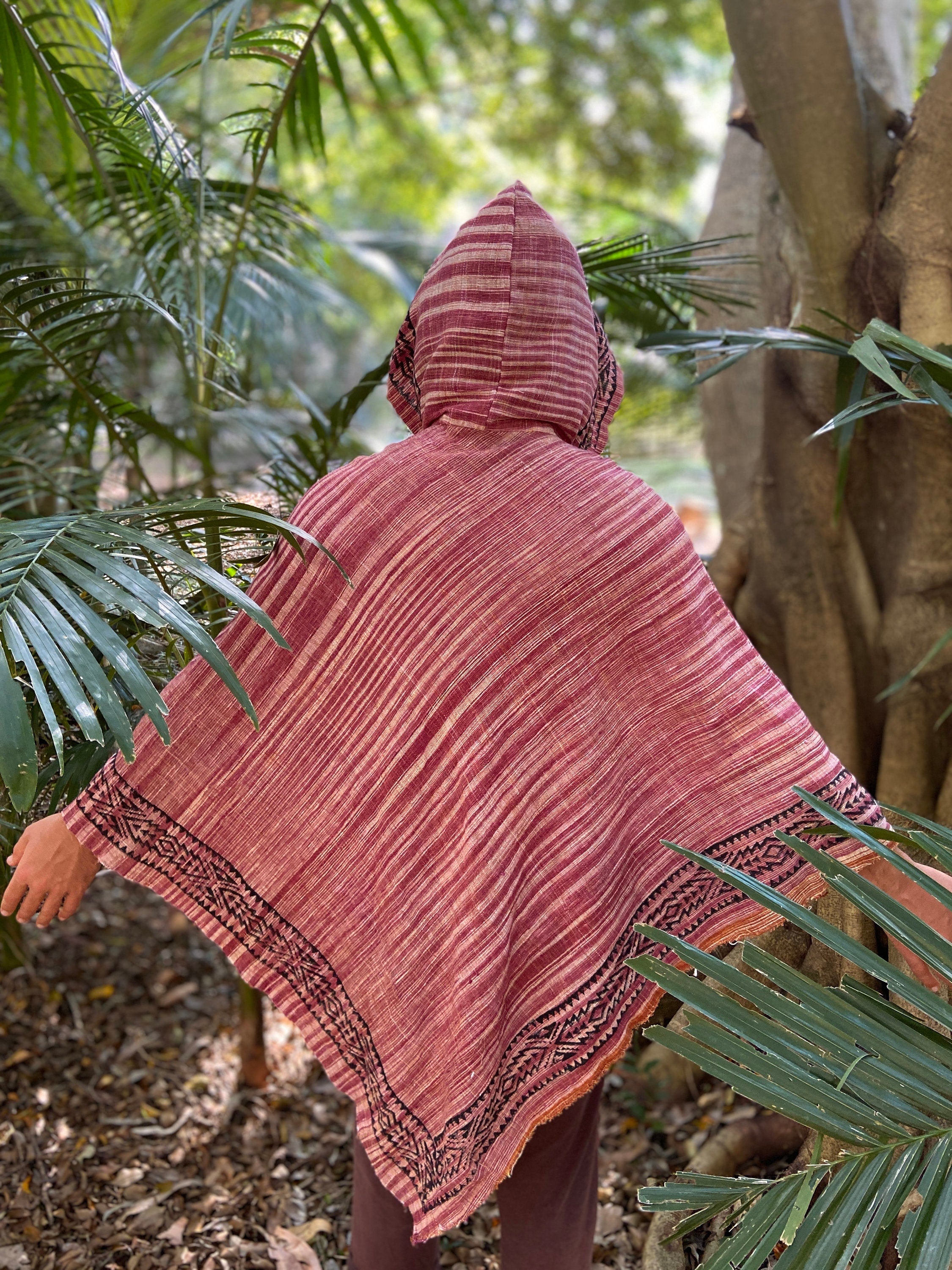 EUROKA Mens Hooded Khadi Cotton Vegan Poncho with hood Red Beige ethnic block printed patterns gypsy festival ceremony ritual tribal AJJAYA