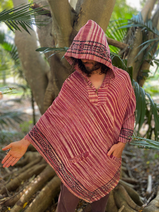 EUROKA Mens Hooded Khadi Cotton Vegan Poncho with hood Red Beige ethnic block printed patterns gypsy festival ceremony ritual tribal AJJAYA