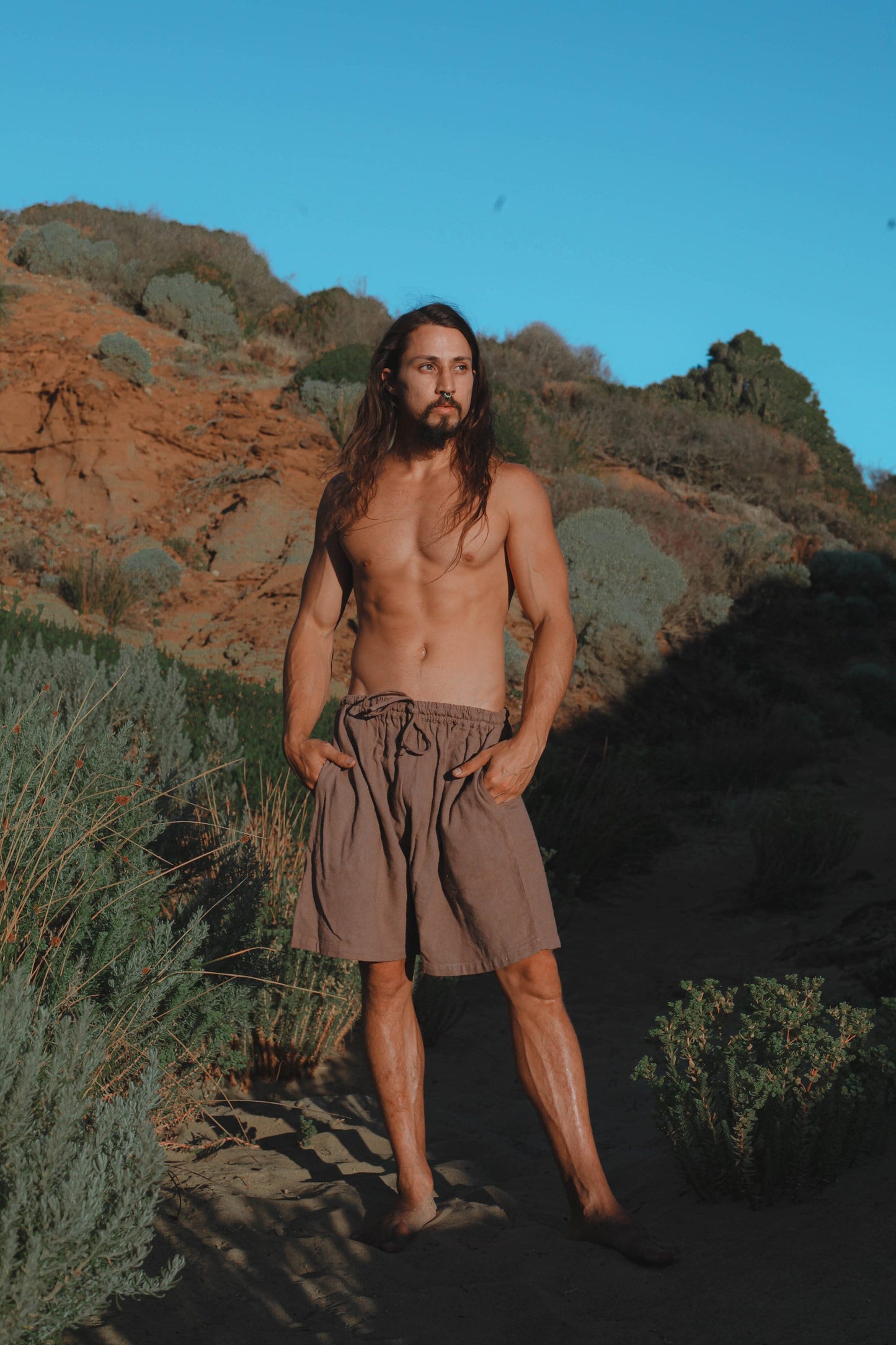 YUGINI Sage Short Pants Loose Comfortable Mens Shorts with Pockets Natural Cotton Plant Dyed Yoga Workout Ninja Gypsy Festival Gym AJJAYA