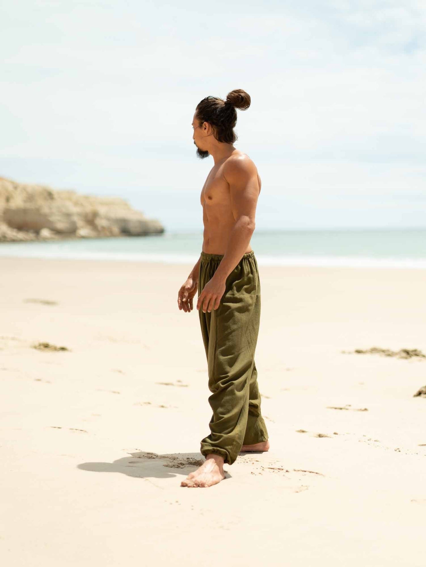 Aladdin Mens Olive Green Drop Crotch Cotton Pants Yogi Ashtanga Harem Alibaba Yoga Afghani pocket trousers comfortable tai chi gong AJJAYA