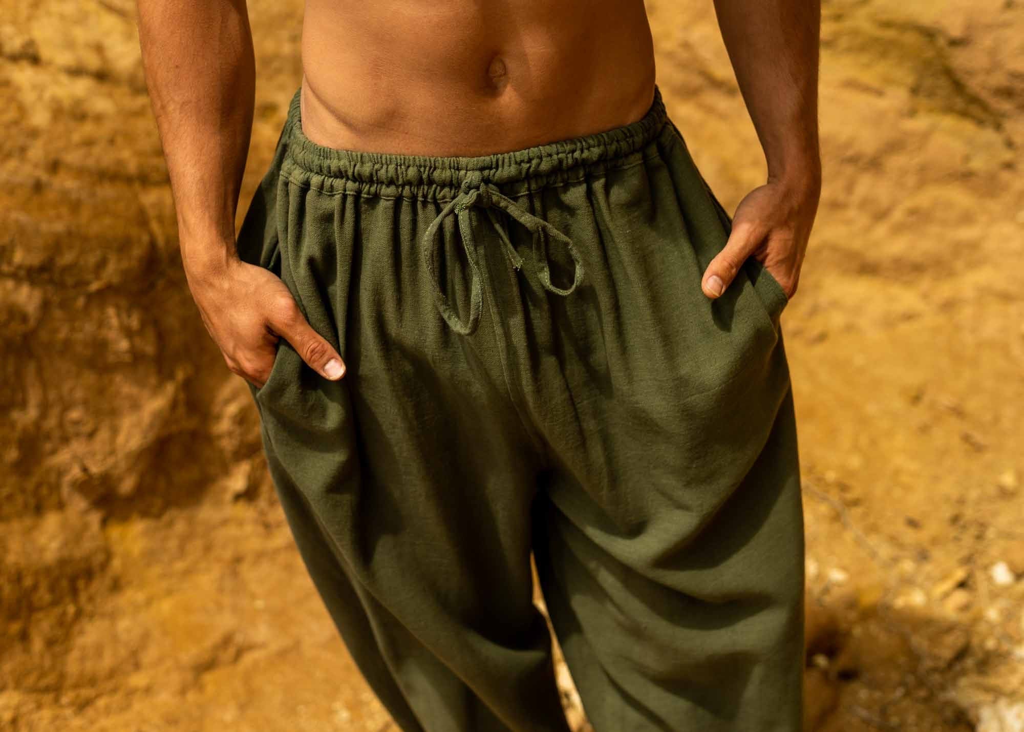 YUGI Green Sage Mens Cotton Yoga Pants Natural Plant Dyed Pockets Yogi Breathable Gym Straight Trousers Flexible Drawstring Festival AJJAYA