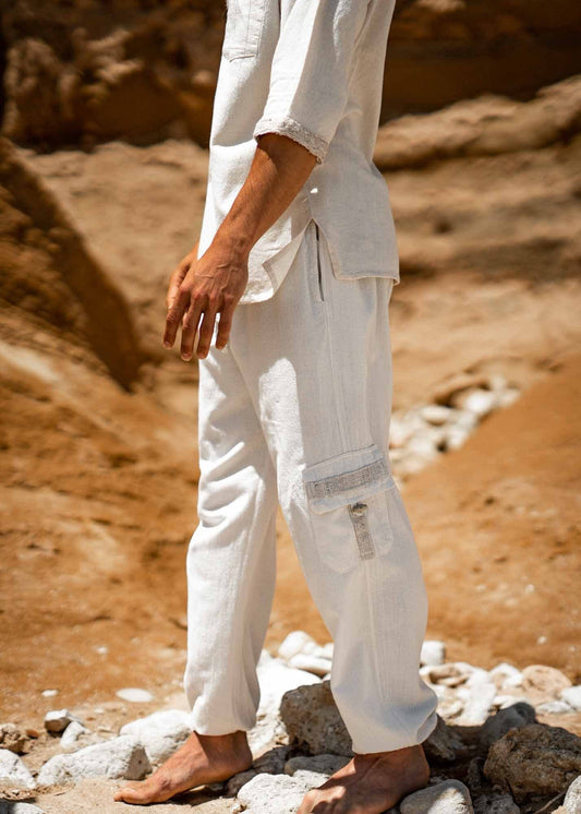 OKKO Beige Organic Hemp and Cotton Mens Pants, Handmade, Four Pockets, Eco friendly, Sustainable Comfortable Earthy Yoga Gypsy Boho AJJAYA
