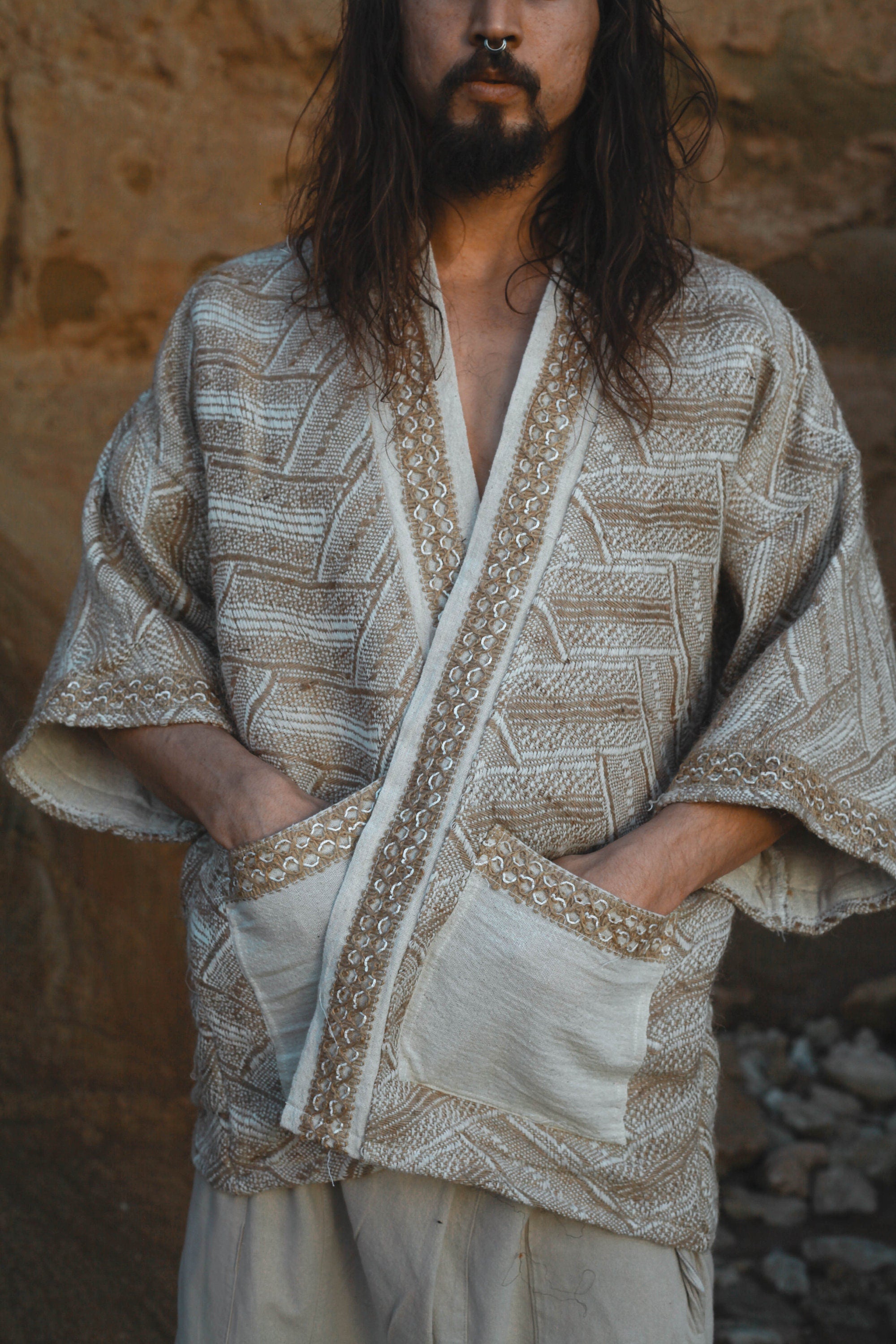 HAPU Mens Kimono Vest Open Top with Sleeves and Pockets Cotton Jut Ceremony Ritual Festival Gypsy Primitive Boho Tribal Earthy Shaman AJJAYA