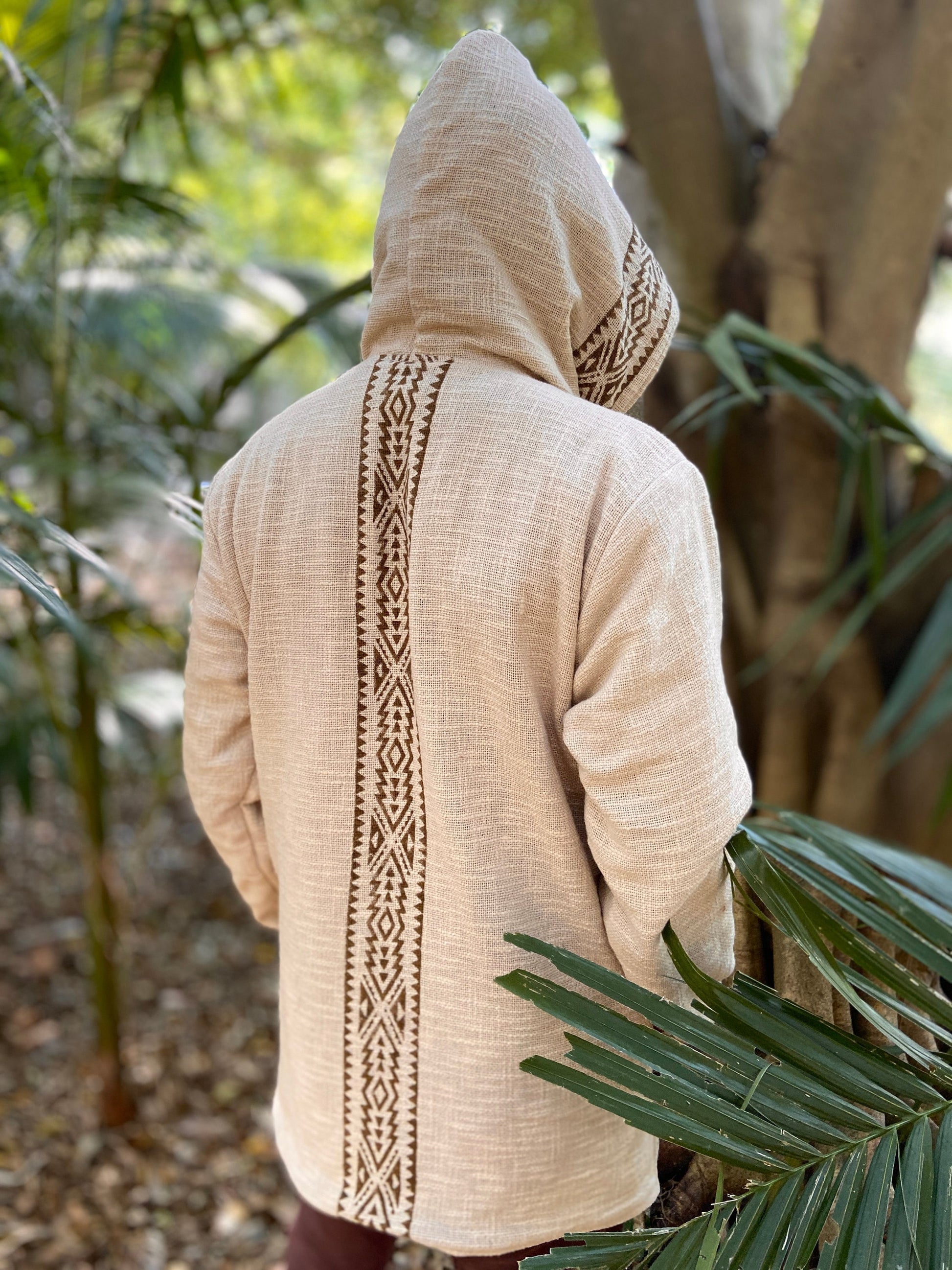 AMAGUK Beige Hooded Mens Fleece Jacket Hoodie Jumper Large Hood Block Printed Tribal Geometric Pattern Primitive Festival Alternative AJJAYA