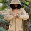 AMAGUK Beige Hooded Mens Fleece Jacket Hoodie Jumper Large Hood Block Printed Tribal Geometric Pattern Primitive Festival Alternative AJJAYA