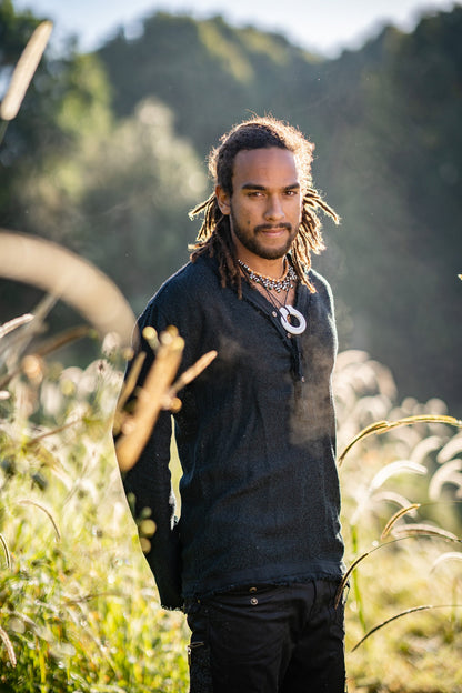 Mens Long Sleeve Top Handmade Neo Matrix Green Apocalyptic Shirt, Gypsy Earthy Rugged Tribal Nomadic Ethnic Festival Rave Primitive AJJAYA