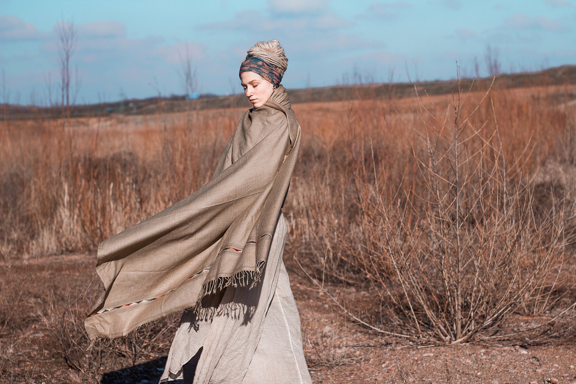 TATHAGATHA Light Green Oversized Meditation Shawl Handwoven Pure Cashmere Wool Embroidered Blanket Handmade Winter Zen Wrap Himalayan AJJAYA