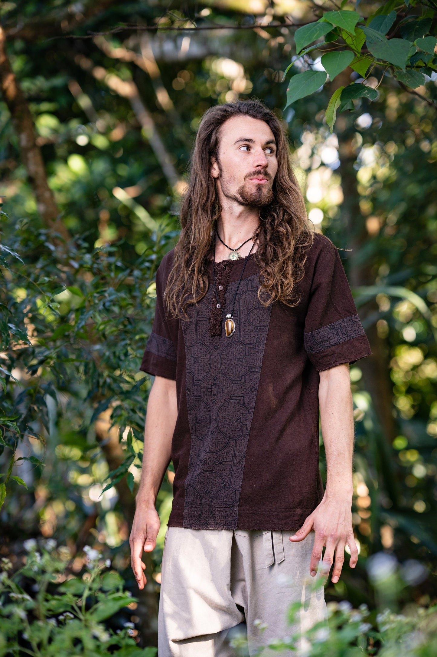 Mens WASKA Top Beige Brown Sacred Plant Shipibo Shaman Pattern T Shirt Shamanic Neo Tribal Gypsy Ritual Shaman Ethnic Handmade AJJAYA