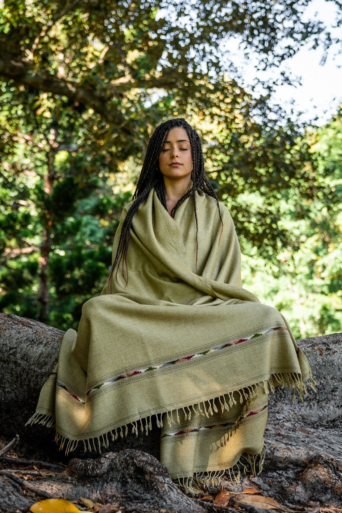 TATHAGATHA Light Green Oversized Meditation Shawl Handwoven Pure Cashmere Wool Embroidered Blanket Handmade Winter Zen Wrap Himalayan AJJAYA
