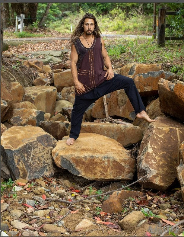 MUKTI Mens Beige Sleeveless Tank Top Shipibo and Block Print combo on cotton gypsy festival shirt ethnic eclectic Tribal breathable AJJAYA