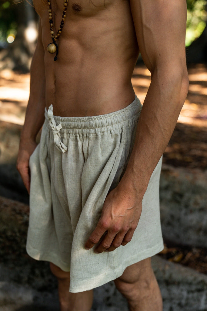ASHTA Beige Short Pants Organic Hemp and Cotton Comfortable Mens Shorts with Pockets Natural Yoga Workout Ninja Gypsy Festival Gym AJJAYA