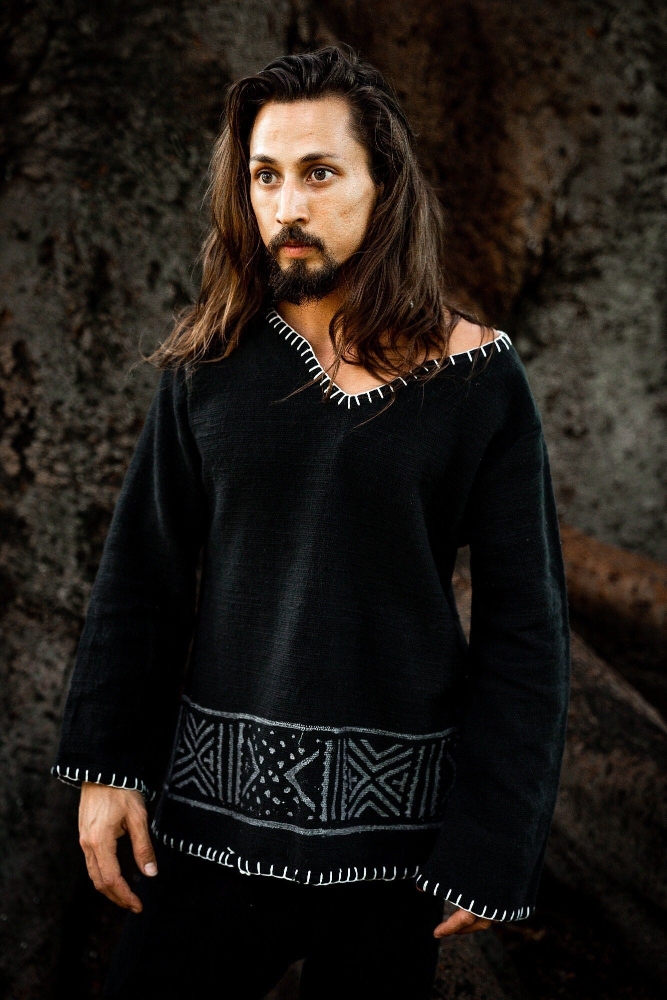 KAURI LONG Black Mens Top Handmade Muscle Gypsy Earthy Shirt, Tribal Jungle Natural Savage Festival Rave AJJAYA Nomadic Primitive