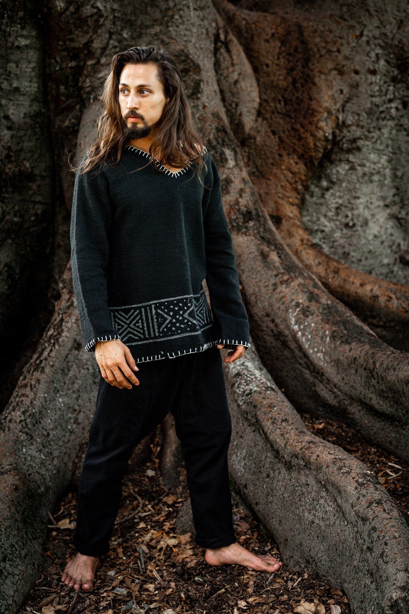 KAURI LONG Black Mens Top Handmade Muscle Gypsy Earthy Shirt, Tribal Jungle Natural Savage Festival Rave AJJAYA Nomadic Primitive