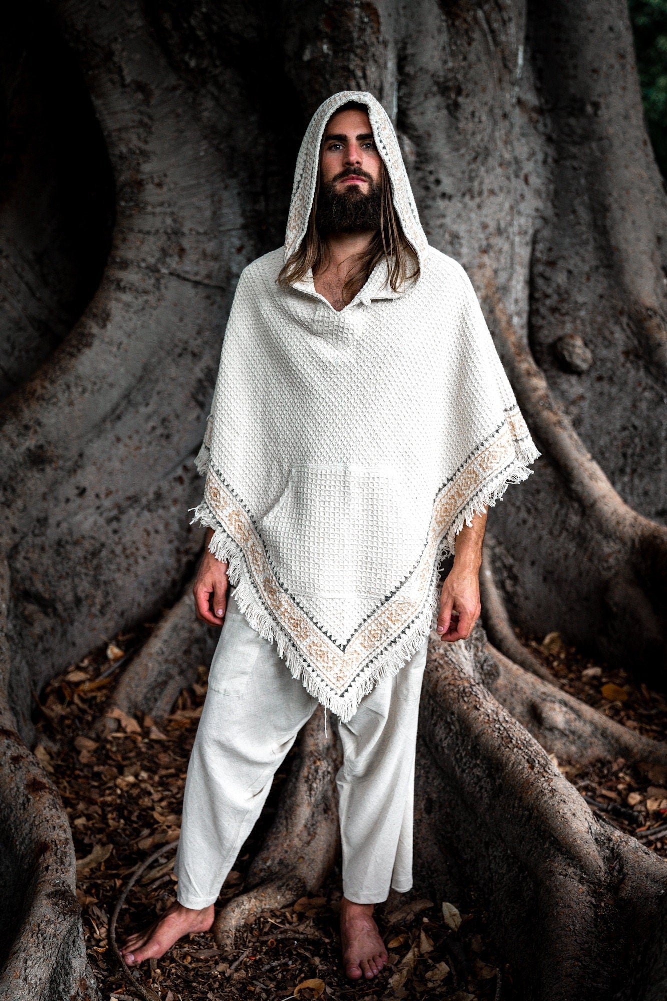 VECHO Beige Mens Hooded Vegan Poncho | AJJAYA