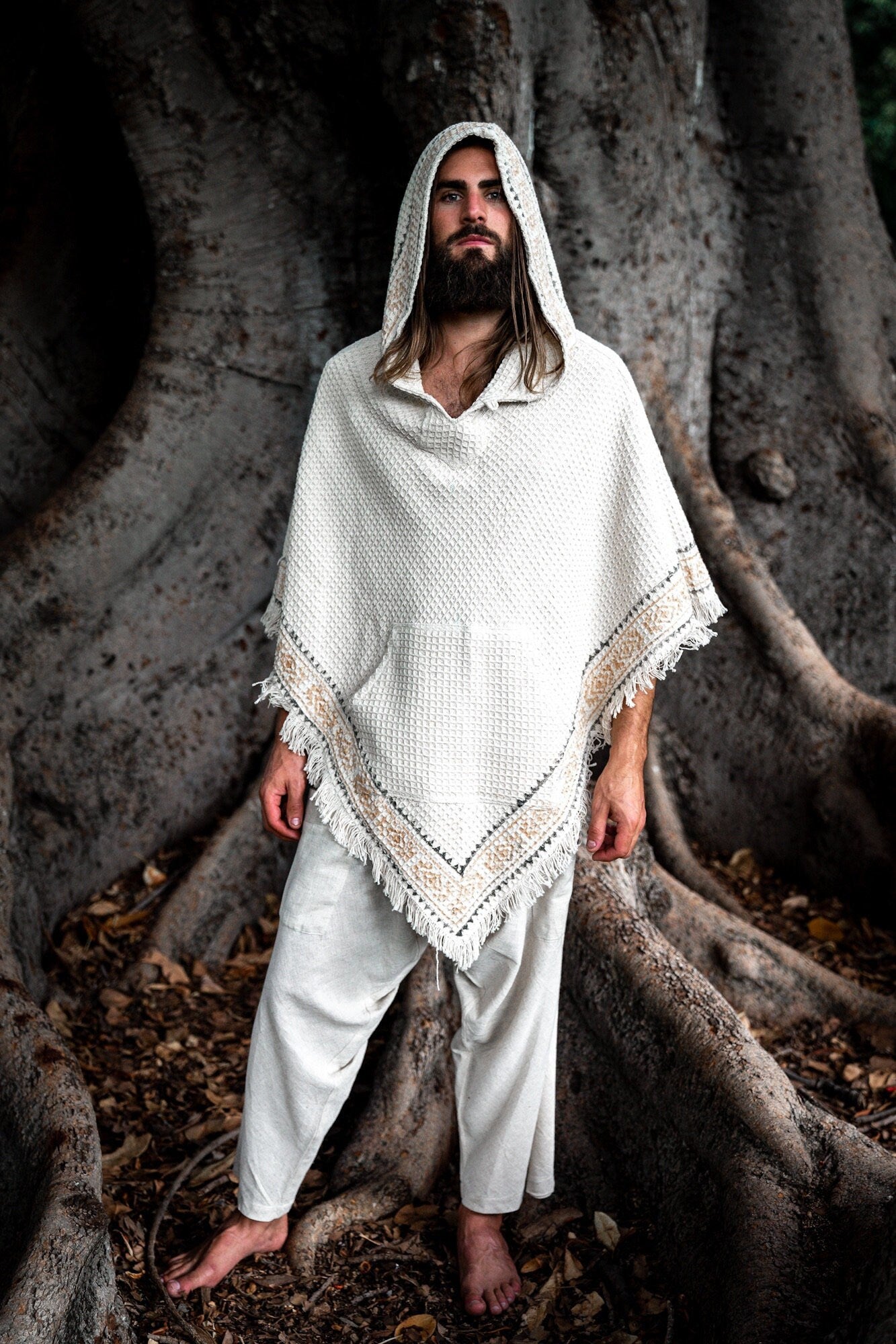 VECHO Brown Mens Hooded Vegan Poncho Textured Cotton with Hood Block Printed Tribal Pattern Gypsy Festival Boho ceremony ritual AJJAYA