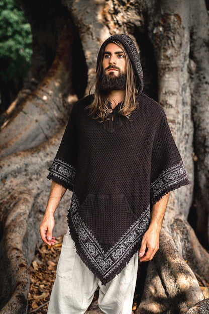 VECHO Black Mens Hooded Vegan Poncho Textured Cotton with Hood Block Printed Tribal Pattern Gypsy Festival Boho ceremony ritual AJJAYA