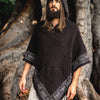 VECHO Brown Mens Hooded Vegan Poncho Textured Cotton with Hood Block Printed Tribal Pattern Gypsy Festival Boho ceremony ritual AJJAYA