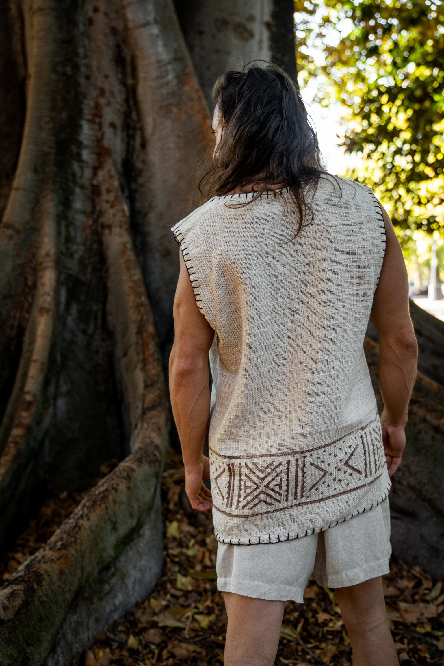 KAURI Beige Mens Sleeveless Tank Top Handmade Muscle Gypsy Earthy Shirt, Tribal Jungle Natural Savage Festival Rave AJJAYA Nomadic Primitive