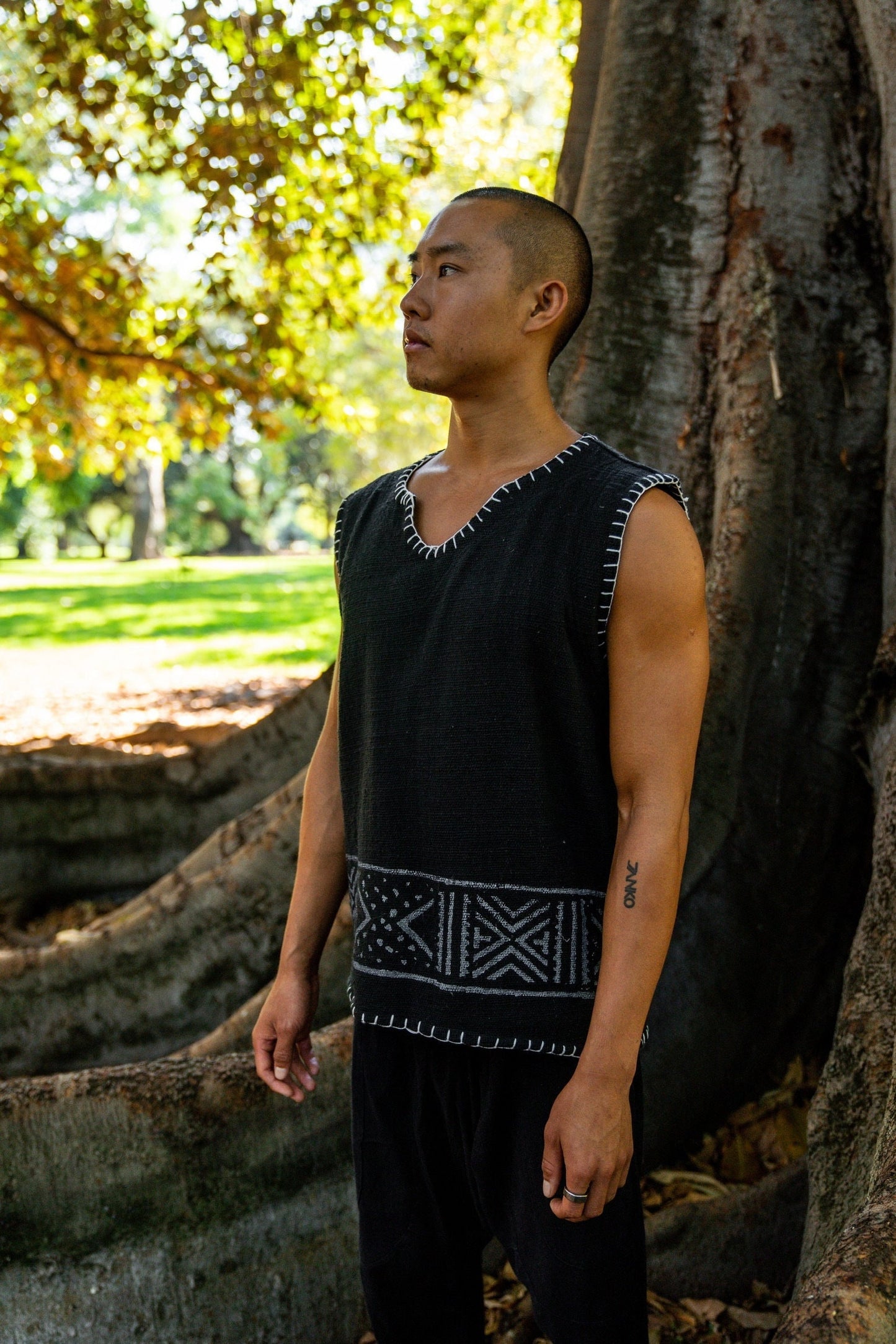 KAURI Beige Mens Sleeveless Tank Top Handmade Muscle Gypsy Earthy Shirt, Tribal Jungle Natural Savage Festival Rave AJJAYA Nomadic Primitive