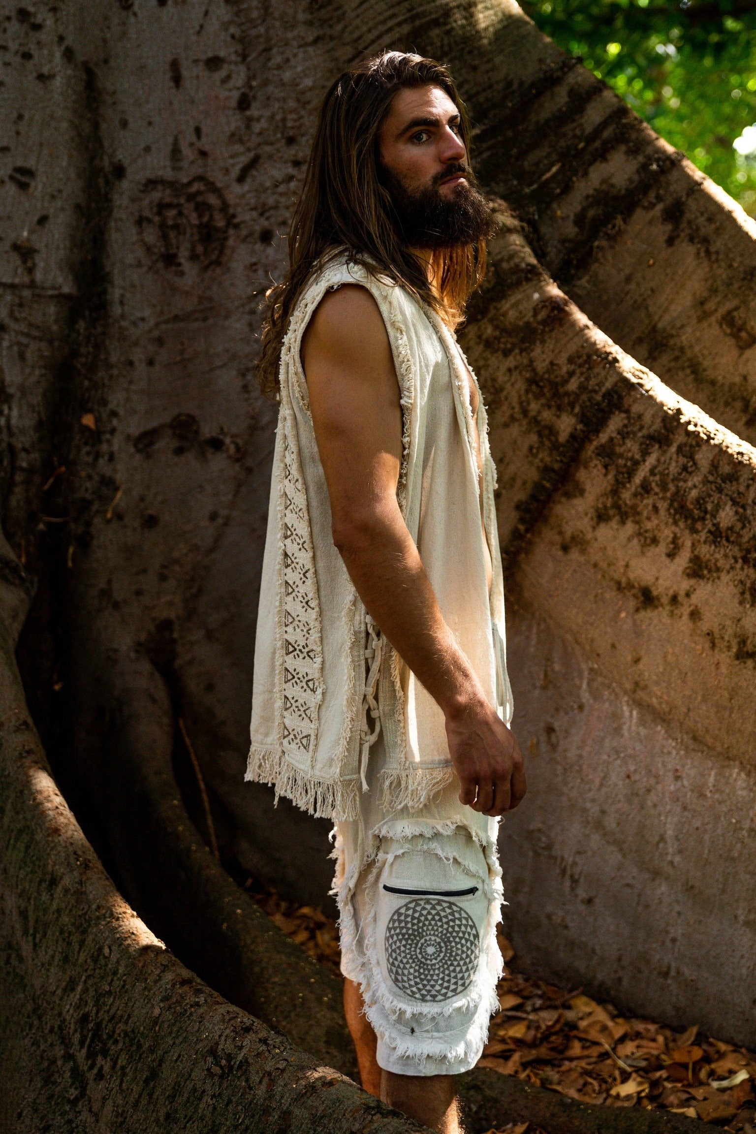 TAONGA Beige Cotton Vest With Pocket Block Printed Tribal Patterns Handmade Naturally Dyed Earthy Viking Primitive Rave Goa Festival AJJAYA